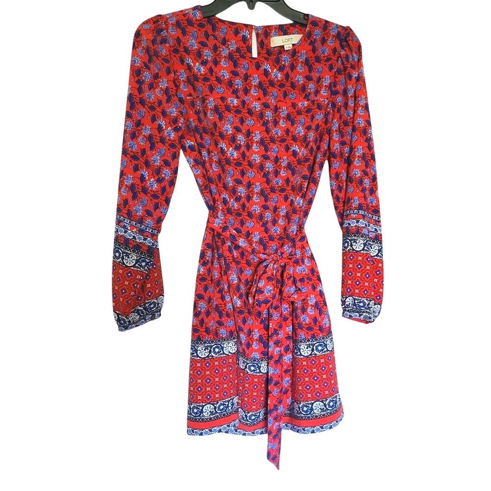 Loft Women Orange Blue Floral Boho Long Puff Sleeve Tie Waist Dress Small Petite - Picture 2 of 11